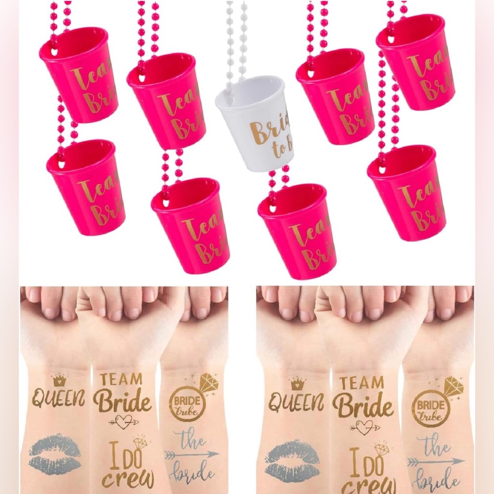 Bachelorette Party Shot Glass Necklace Bride Tribe Metallic Tattoos (Rose Red)